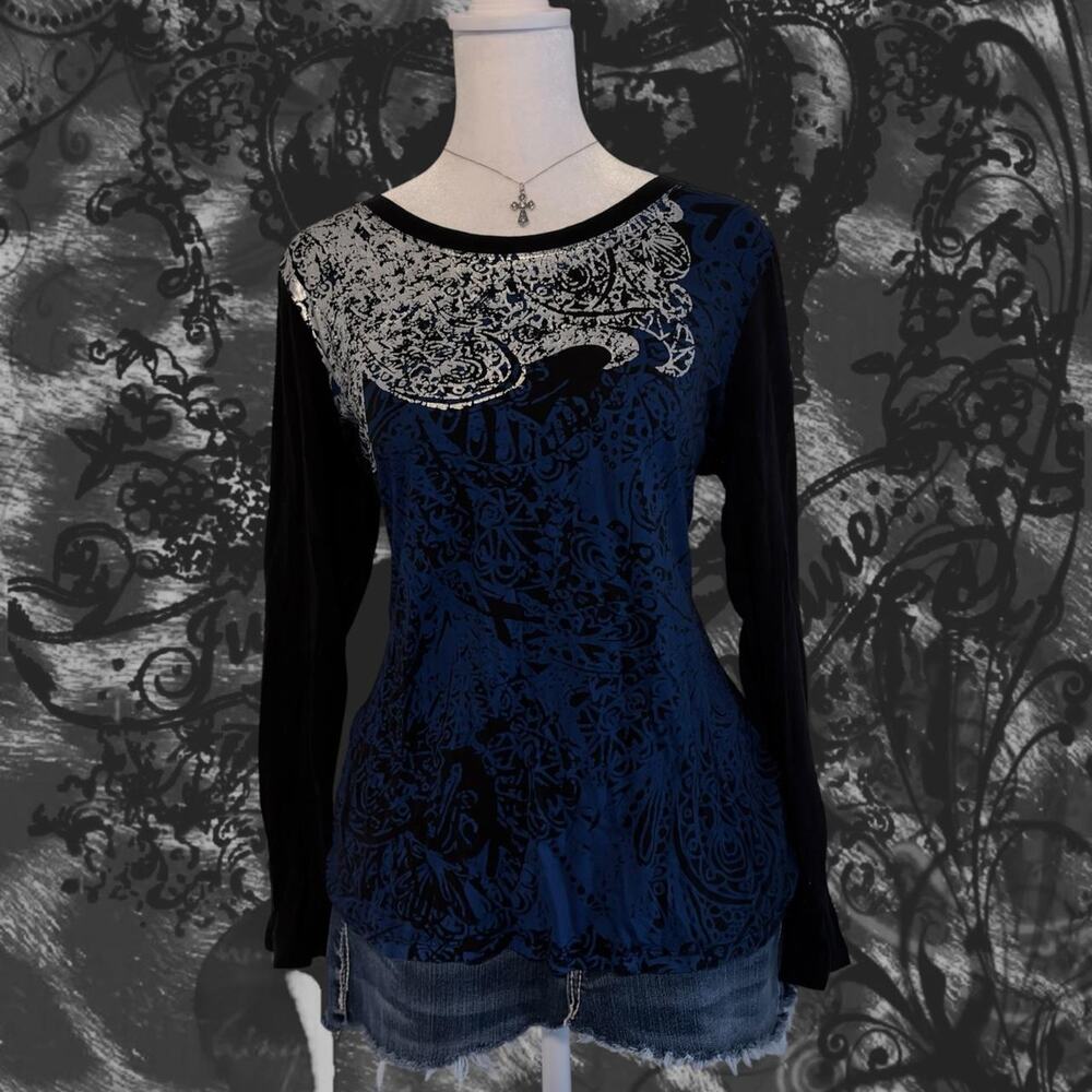 navy blue tattoo inspired metallic silver-grey foil grunge black whimsy top